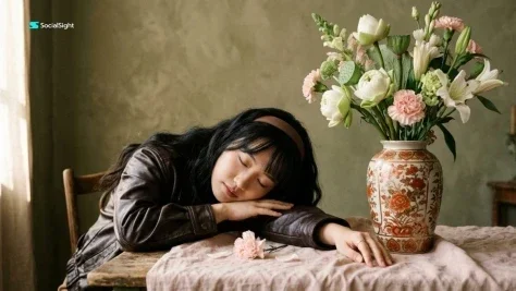 Still-Life Fashion Portrait with Lotus Vase — Nano Banana 2 AI Prompt: A cinematic fine art studio portrait of a young East Asian woman resting her hea...