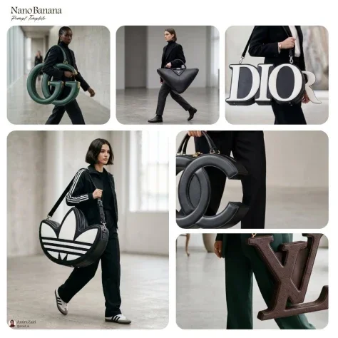Logo Sculptural Handbag Fashion Editorial — Nano Banana 2 AI Prompt: Ultra-detailed hyper-realistic editorial fashion photograph of a model holding o...