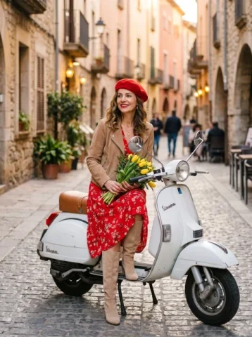 Tulip Lady on a Retro Scooter — Nano Banana 2 AI Prompt: A hyperrealistic portrait of a beautiful thin woman, in her late 40s, sitting on...