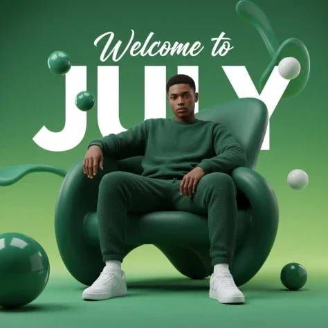 Green July 3D Promo Poster — Nano Banana 2 AI Prompt: Create a modern 3D promotional poster using my uploaded photo as the facial refe...