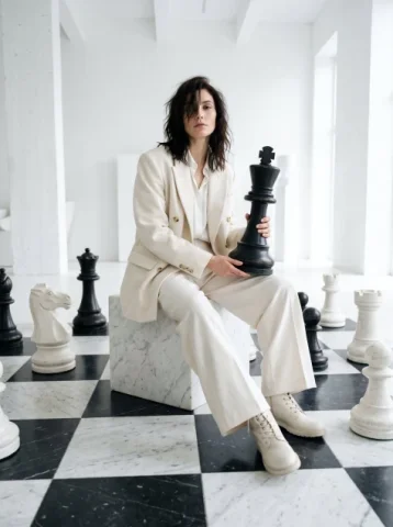 Chess Queen in a White Studio — Nano Banana 2 AI Prompt: 8k Hyper-realistic, A cinematic low-angle photo of a thin women her hair is mess...