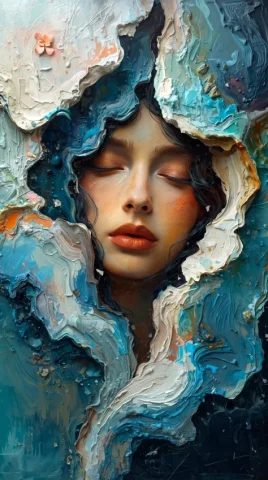 Serene Face in Impasto Paint — Nano Banana 2 AI Prompt: Subject & Action A serene female portrait with a calm, ethereal expression, seam...