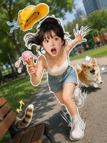 Slapstick Park Chase Sticker — Nano Banana 2 AI Prompt: A vibrant and humorous 3D-style sticker design superimposed onto a real-life pho...