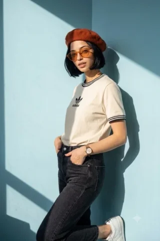 Minimal Street Fashion Portrait by a Blue Wall — Nano Banana 2 AI Prompt: A minimalist fashion editorial portrait of a woman with a sharp black bob haircu...