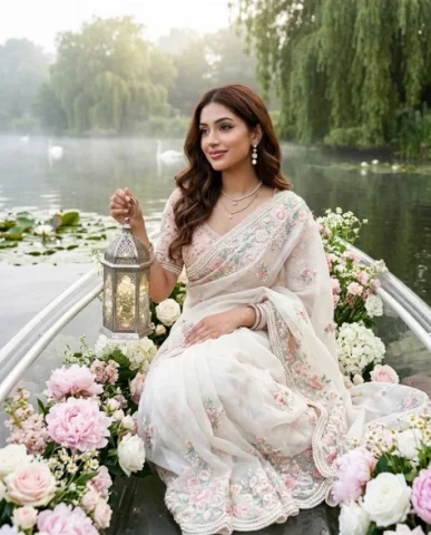 Glass Boat Floral Saree Portrait — Nano Banana 2 AI Prompt: Keep Facial Features Same, use the uploaded face with 100% exact identity preser...