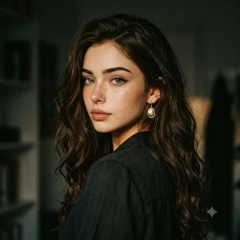 Cinematic Over-Shoulder Gaze — Nano Banana 2 AI Prompt: A young beautiful woman captured in a cinematic over-the-shoulder portrait, stan...