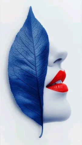 Blue Leaf Red Lips Profile — Nano Banana 2 AI Prompt: Surreal minimalist digital art, extreme close-up side profile of porcelain-white...