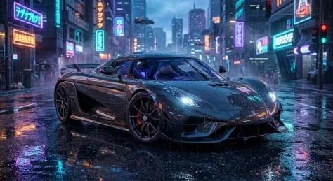 Cyberpunk Rain Hypercar — Nano Banana 2 AI Prompt: A breathtaking ultra-luxury futuristic supercar parked on a glossy rain-soaked s...