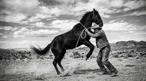 Black-and-White Western Horse Struggle — Nano Banana 2 AI Prompt: A powerful black and white documentary style photograph of a cowboy struggling t...