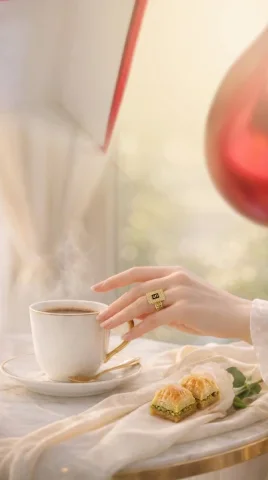 Turkish Dessert Table Edit — Nano Banana 2 AI Prompt: First, replace the ring on the woman's hand with the attached ring, remove the l...