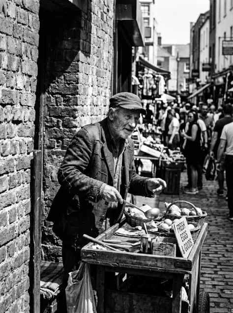 Gritty Black-and-White Street Vendor