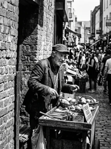 Gritty Black-and-White Street Vendor — Nano Banana 2 AI Prompt: Candid black and white street photography portrait of [an elderly street vendor]...