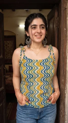 South Asian Portrait in a Wooden Doorway — Nano Banana 2 AI Prompt: Photorealistic medium portrait of a young South Asian woman standing in a wooden...