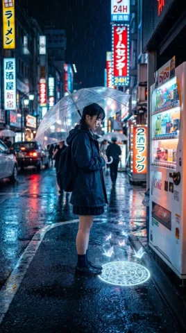Urban Folklore Mage on a Rainy Neon Night — Nano Banana 2 AI Prompt: Urban folklore mage: a neon city on a rainy night, a black-haired girl holding a...