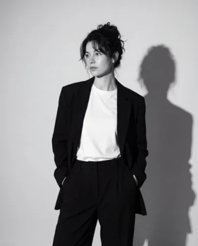 Black-and-White Fashion Editorial Portrait — Nano Banana 2 AI Prompt: A fine art black-and-white editorial portrait of a stylish young woman wearing a...