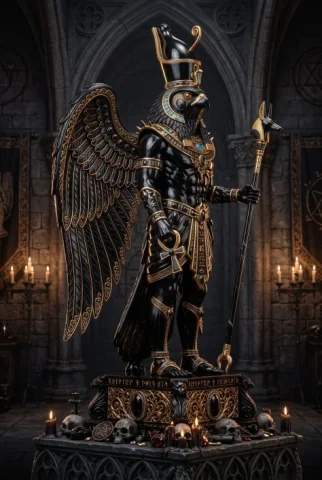 Gothic Obsidian Horus Statue — Nano Banana 2 AI Prompt: Create a goth inspired statue of HORUS. Made of polished intricate living polish...