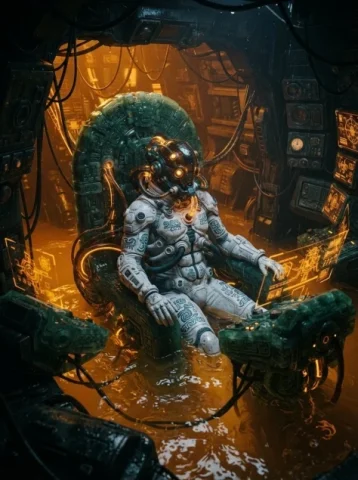 Amber Mech Cockpit — Nano Banana 2 AI Prompt: The interior of a dark, flooded mechanical cockpit filled with a glowing amber f...
