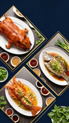 Premium Banquet Food Ad — Nano Banana 2 AI Prompt: A professional culinary advertisement layout showcases high-end banquet dishes a...