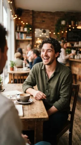 Candid Cafe Laughter — Nano Banana 2 AI Prompt: This vertical portrait captures a charming, handsome young man with wavy dark ha...