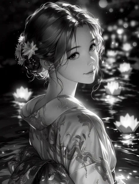 Monochrome Kimono Lantern Portrait