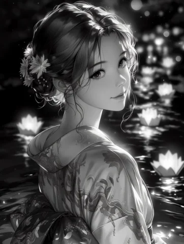 Monochrome Kimono Lantern Portrait — GPT Image 2.5 AI Prompt: Create a monochrome anime-style portrait of a beautiful young woman in tradition...