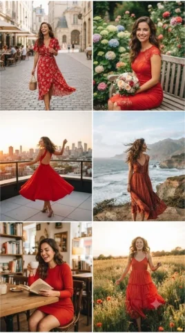 Six-Scene Red-Dress Collage — Nano Banana 2 AI Prompt: A photo collage featuring six distinct scenes of the same smiling woman in vario...