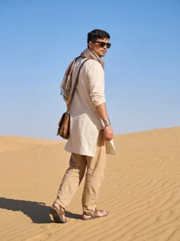 Sahara Cinematic Portrait — Nano Banana 2 AI Prompt: A weathered late-20s man. Clothing: Flowing cream-colored linen tunic, wide-leg...