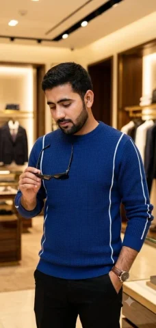 Luxury Store Male Candid — Nano Banana 2 AI Prompt: Ultra-realistic medium shot of the same young man (use reference for 100% face,...