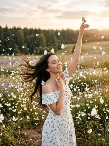 Woman Among White Butterflies — Nano Banana 2 AI Prompt: A magical and lively shot of a young woman in an outfit , posing in the middle o...