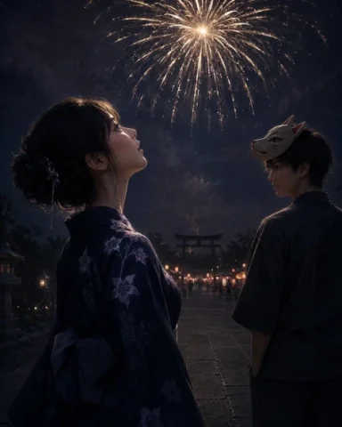 Shrine Fireworks Romance — GPT Image 2.5 AI Prompt: Create a cinematic, realistic anime-style night scene at a Japanese summer shrin...
