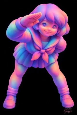 Neon Sailor Chibi Salute — GPT Image 2.5 AI Prompt: Create a full-body 3D stylized chibi anime girl figurine on a pure black backgro...