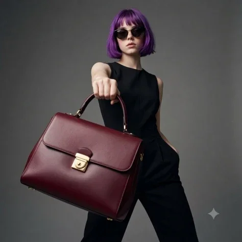Purple-Bob Handbag Editorial — Nano Banana 2 AI Prompt: A high-fashion editorial portrait of a young woman with vibrant purple short hai...