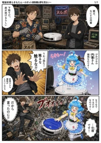 Haunted PC Shop Manga — GPT Image 2.5 AI Prompt: Goal: Create a single-page Japanese manga scene about a haunted computer parts s...