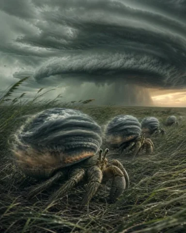 Hermit Crabs Carrying Storm Clouds — GPT Image 2.5 AI Prompt: A group of hermit crabs carrying massive storm clouds on their shells slowly cro...