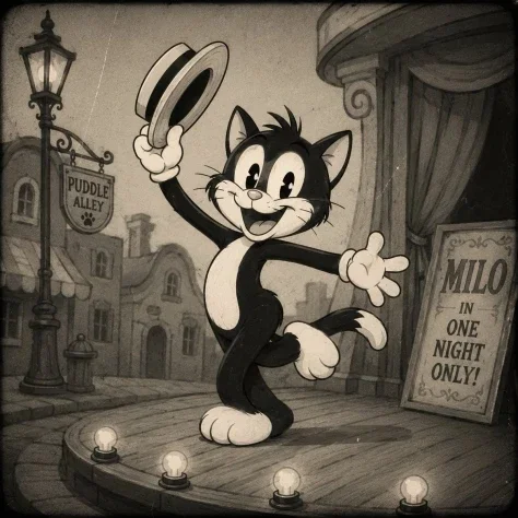 Vintage Film Vaudeville Cat — GPT Image 2.5 AI Prompt: Create a square 1:1 black-and-white 1930s rubber-hose cartoon with faded sepia t...
