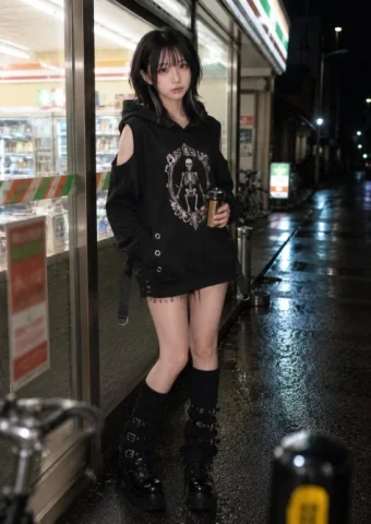 Rainy-Night Convenience Store Candid — GPT Image 2.5 AI Prompt: Create a photorealistic everyday nighttime street photograph of an adult woman o...