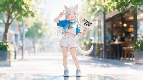 Cheerful Summer Cat-Girl Sign — Nano Banana 2 AI Prompt: image_1 Is holding a sign that says "Flova CPP," in her left hand. She is making...