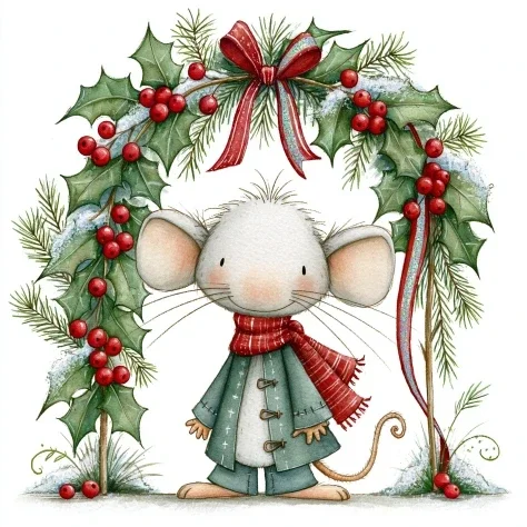 Christmas Mouse Under Holly Arch — Midjourney v6 AI Prompt: whimsical watercolor illustration of a cute woodland Christmas mouse standing be...