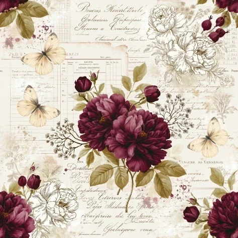 French Botanical Ephemera Scrapbook Paper — Midjourney v6 AI Prompt: Scrapbooking paper featuring a **romantic vintage botanical collage** blending a...