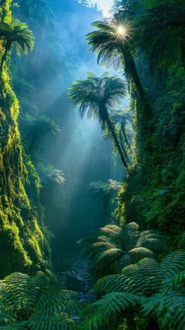 Prehistoric Fern Canyon Sunbeams — Midjourney v6 AI Prompt: A prehistoric canyon filled with enormous ancient tree ferns reaching toward bri...