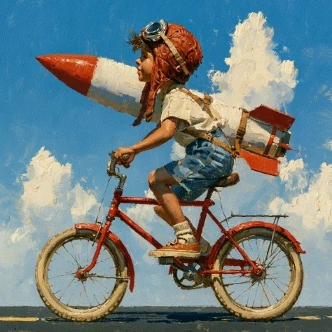 Boy on Red Bicycle With Rocket