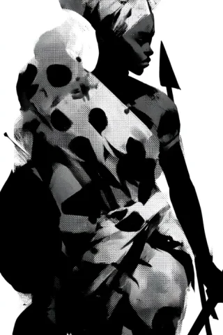 Dinka Guardian In Bold Ink Strokes — Midjourney v6 AI Prompt: A full-body Dinka-inspired guardian with extraordinarily tall proportions, flowi...