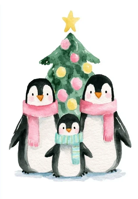 Penguin Family in Scarves by Christmas Tree