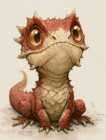 Timid Cat-Sized Dragon With Golden Eyes — Midjourney v6 AI Prompt: Create a small dragon--about the size of a cat--with reddish and light-brown sca...