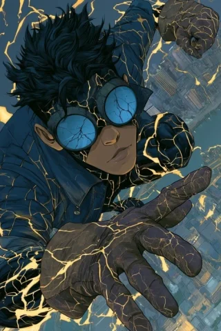 Cobalt Hero Over Pittsburgh Night — Midjourney v6 AI Prompt: Young male superhero in dark midnight-blue and black segmented work jacket, face...