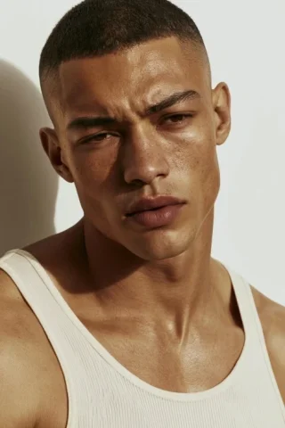 Buzz Cut Man in White Tank Editorial β Midjourney v6 AI Prompt: Ultra realistic editorial portrait, young man, warm medium tan skin, closely cro...