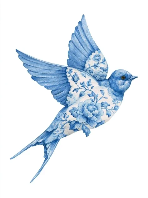 Delft Blue Swallow Watercolor