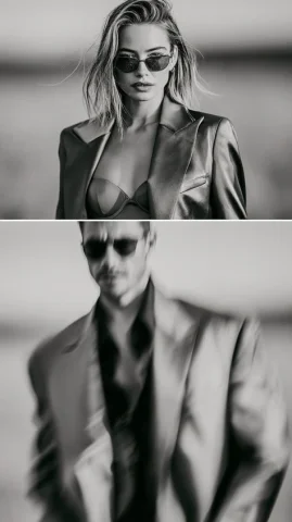 Monochrome Summer Editorial Diptych β Midjourney v6 AI Prompt: diptych, beautiful woman bw cinematic full size candid life summer lighting styl...