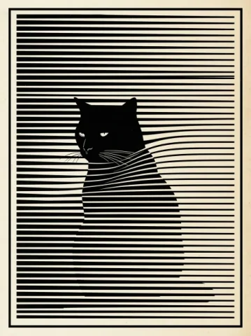 Black Cat Behind Blinds Poster — Midjourney v6 AI Prompt: Minimalist vertical poster. A black cat in side profile, centered, sitting behin...