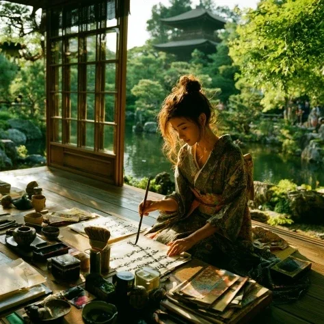 Kimono Calligraphy in Japanese Garden — Midjourney v6 AI Prompt: real photo, Japanese woman seated on a wooden platform in a Japanese garden, pai...